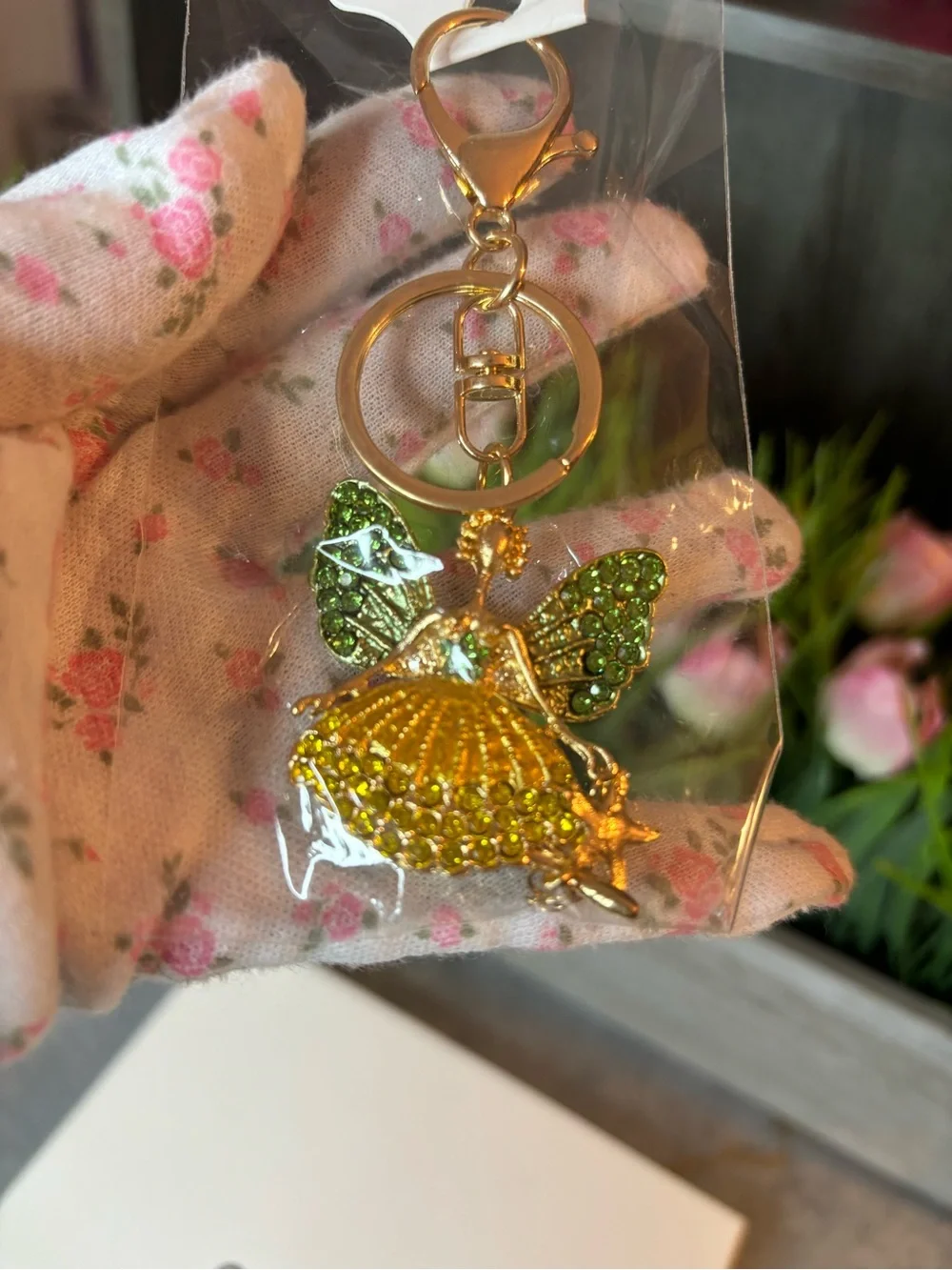 Fashion Jewelry Gold-Tone Fairy 🧚 Bag Charm-keychain with Green and Yellow